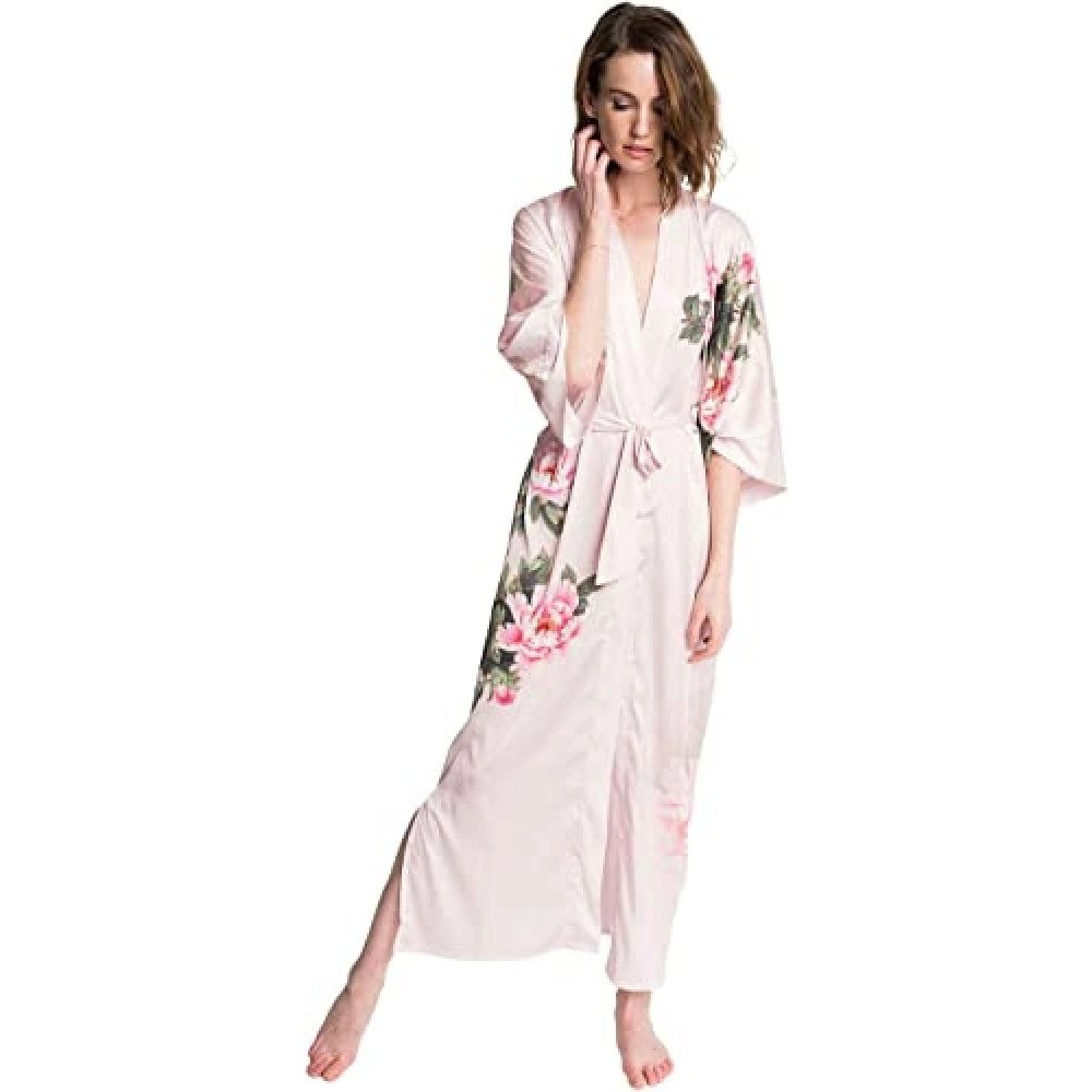 Women's Charmeuse Kimono Robe Long - Watercolor Floral 